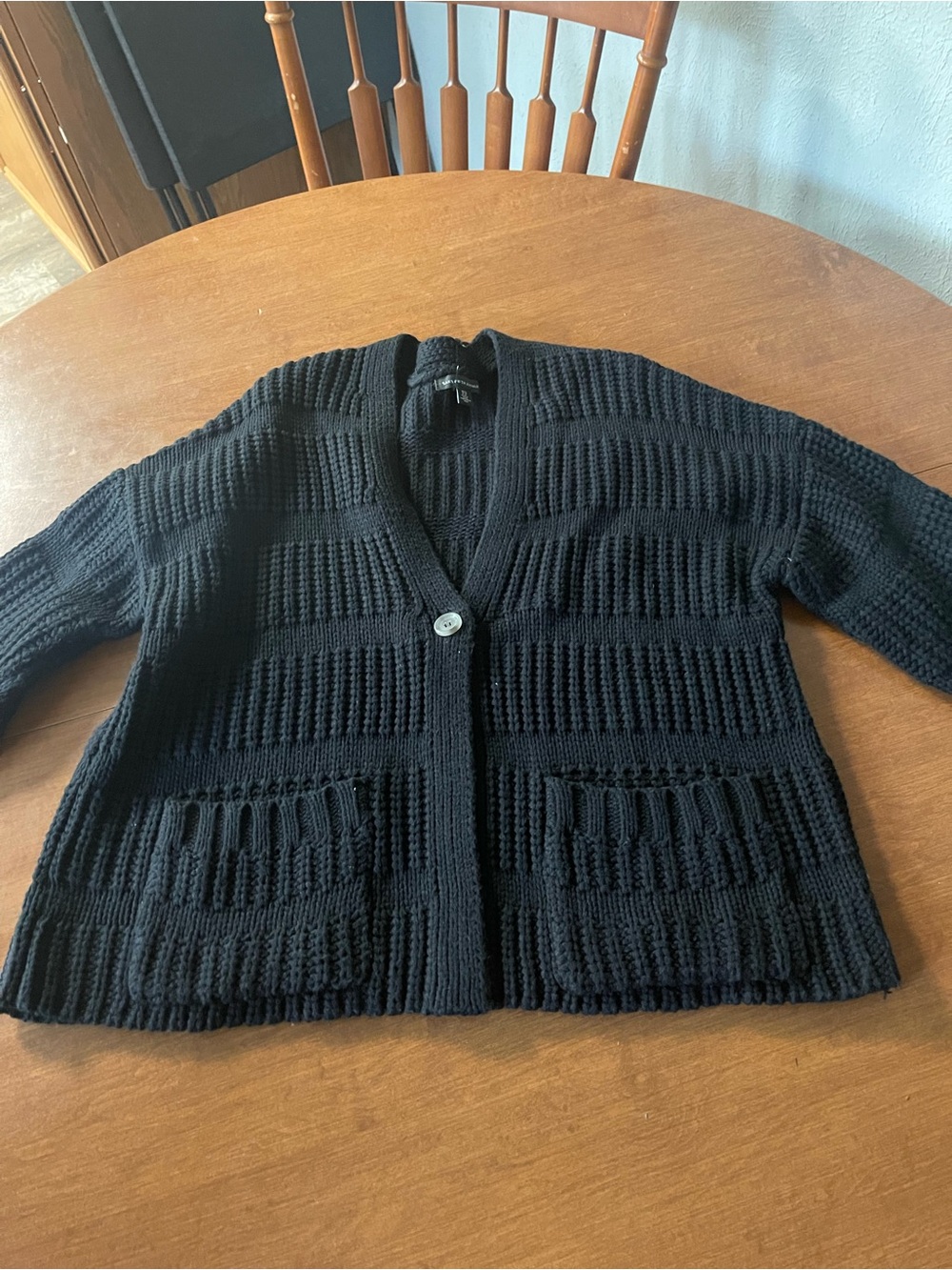 Saks Fifth Avenue Black Chunky Knit Cardigan Sweater Wool Blend M